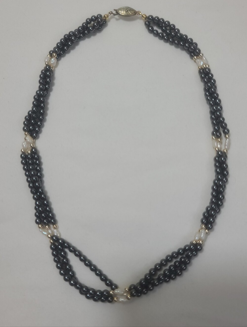 Vintage Multi-Strand Hematite Freshwater Pearl Necklace with Gold Accents